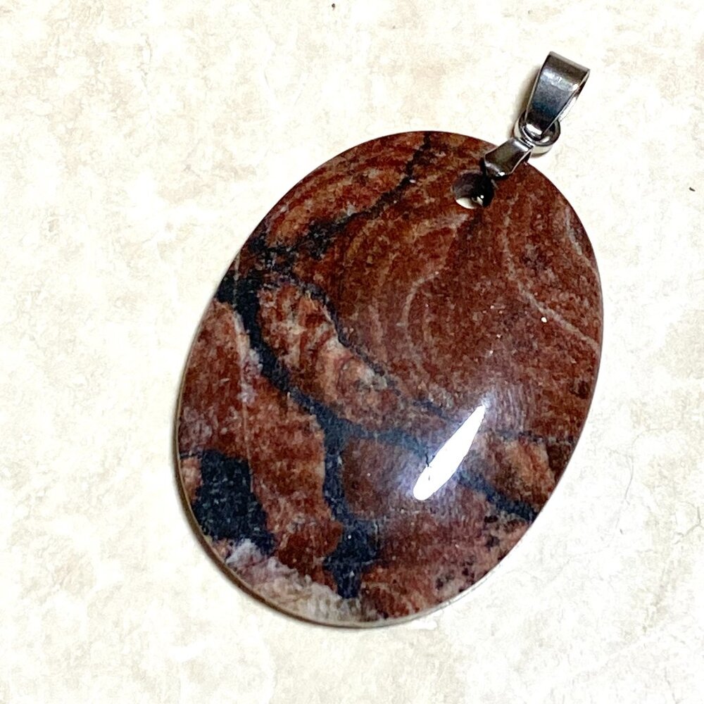 Natural Red Brecciated jasper Pendant, Large Geometric Oval Genuine Gemstone